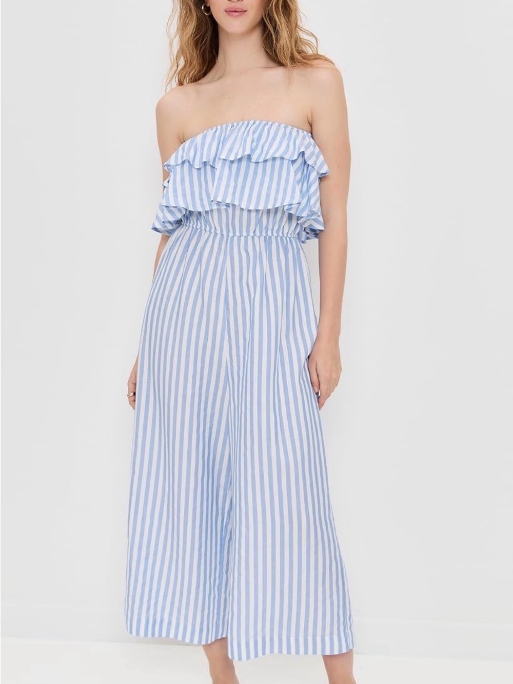 Pixie Market Blue and White Striped Strapless Ruffle Jumpsuit